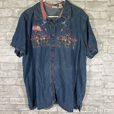 Vintage Embroidered Floral Denim Shirt  Grammacore Heart Buttons Size 22W /24W
