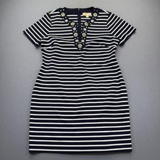 Michael Kors Navy White Striped Embellished Floral V-Neck Shift Dress XL