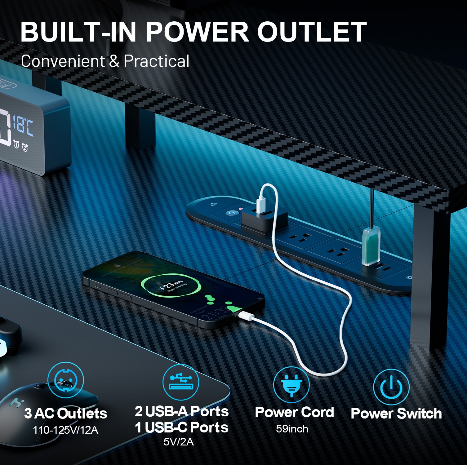Electric Standing Desk with LED Lights & Power Outlets, Height Adjustable Desk