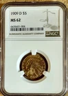 1909 D $5 Indian Head Half Eagle Gold Coin, NGC MS 62 [NO RESERVE]