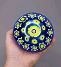 LARGE Authentic Murano Millefiori Glass Paperweight Blue Yellow Floral Vintage