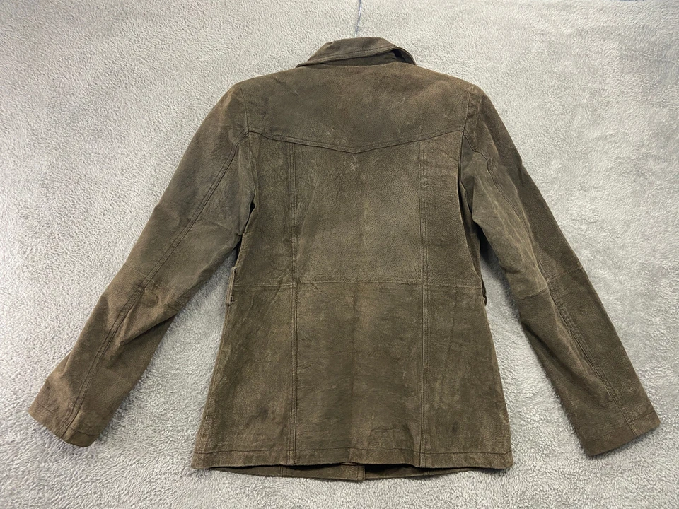 Chaqueta de cuero con borde exterior para mujer Blazer de gamuza verde mediano con botones informal Foto 2 de 4