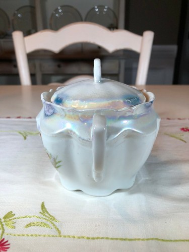 Antique German Lusterware Sugar Bowl Blue Yellow and Purple with Tulips - Picture 7 of 9