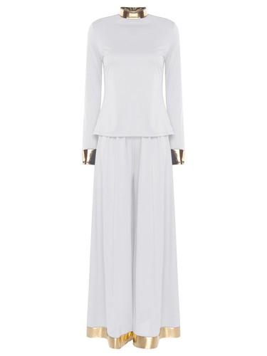 Blusa Top Para Mujer Metálica Brillante Ribete Baile de Alabanza Manga Larga + Pantalones de Pierna Ancha - Imagen 26 de 75