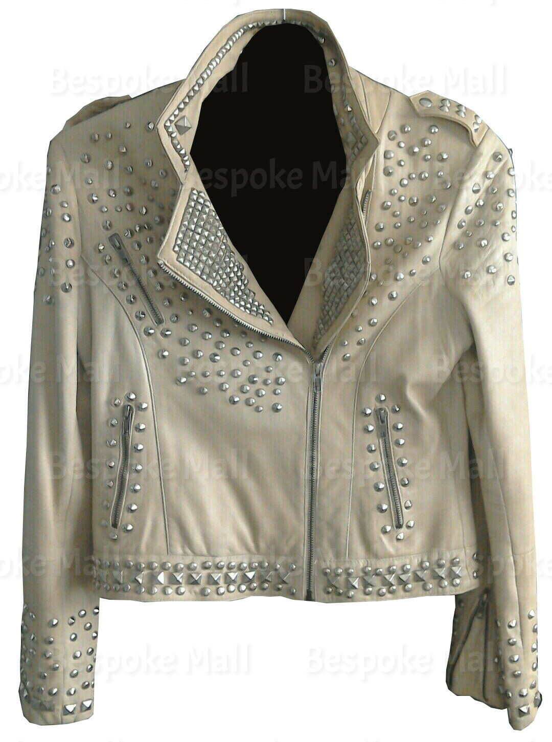 New Woman Handmade Cream Silver Studded Unique Cowhide Biker Leather Jacket-745