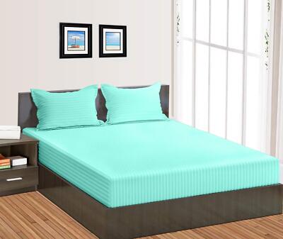 Extra Deep Fitted Sheet+2 Pillow Case 800 TC Organic Cotton Aqua Blue Stripe