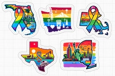 State Rainbow Awareness Ribbon Stickers Glossy NY TX FL MA WA Pride Red Blue USA