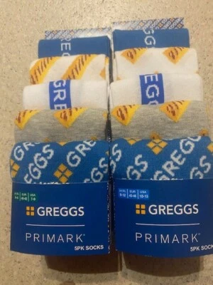 Greggs X Primark Adult Socks Pack of 5 pairs CHOOSE Design & size 6-8 or 9-12
