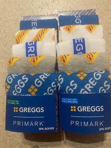 Greggs X Primark Adult Socks Pack of 5 pairs CHOOSE Design & size 6-8 or 9-12