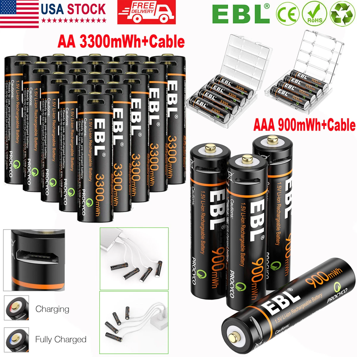 EBL AA AAA Rechargeable Lithium Li-ion Batteries / USB 1.5V Battery w/  Cable Lot