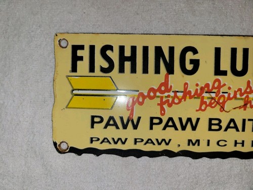 Vintage Paw Paw Bait Co Porcelain Sign Lures Good Fishing Begins Here MICHIGAN - Picture 4 of 9