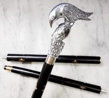 Unique Bird-on-Skull Handle Walking Cane  Elegant Silver Finish Wooden Shaft