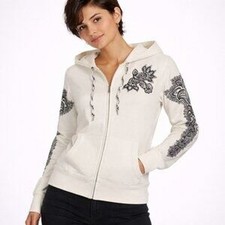 Lucky Brand Women's Cream Paisley Floral Embroidered Zip Up Hoodie Sweatshirt S