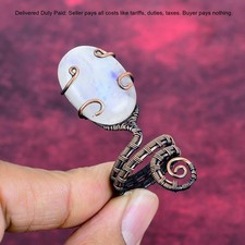 Rainbow Moonstone Ring Adjustable Ring Copper Wire Wrapped Real Gemstone Jewelry