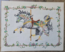 VTG Handmade Embroidery Needlepoint Cross Stitch Art Carousel Horse 11" X 14"
