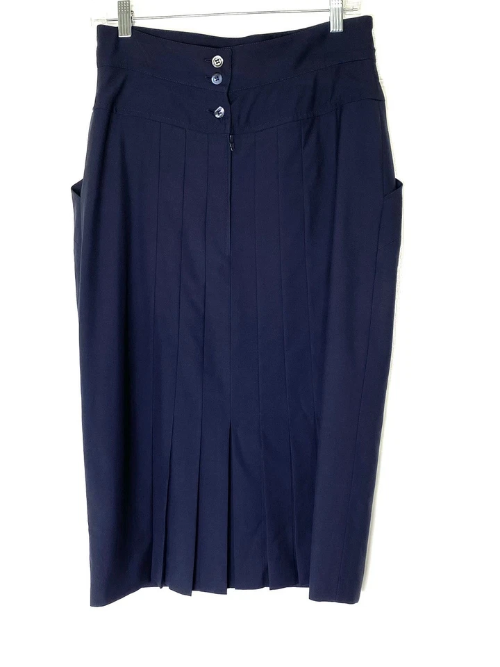 Karl Lagerfeld Italy Navy Blue Wool Pleated Midi Skirt 10 US M = 42 Vintage 80's - Image 3 of 4