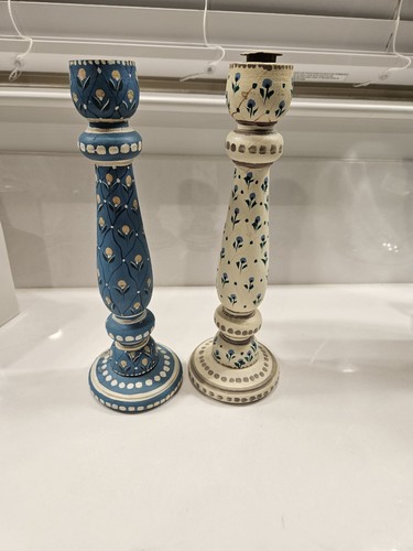 Vintage Hand Painted Blue And White Wooden Candle Holder Set Lot - Picture 1 of 12