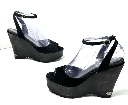 Juicy Couture Vintage Black Suede Wedge Sandals Wood Platform Heels Size 7 US - Picture 3 of 16