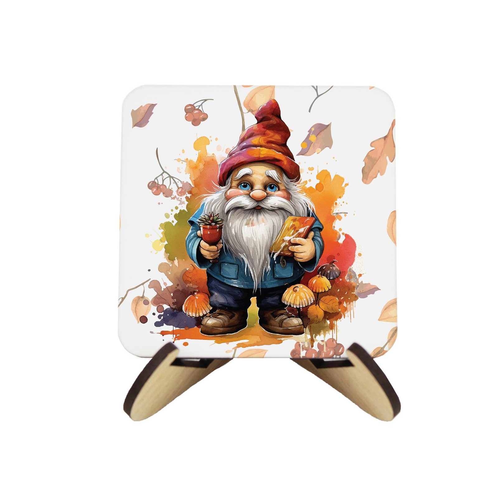 Autumn Gnomes Cork Coaster Set - Seasonal Gonks Gift - Set of Four & Stand
