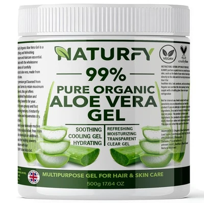 NATURFY 99% Pure Aloe Vera Organic Gel Soothing Vegan Skin Moisturiser Skin Care 500g