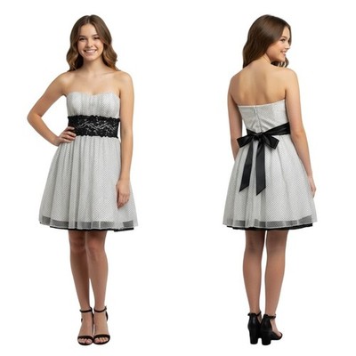 Inspire Me Strapless Fit Flare Mini Dress White Polka Dot Lined Bow Juniors 5