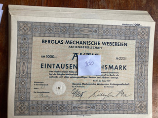 Lagerverkauf 100 Berglas Mechanische Webereien AG Berlin 1939 1000 RM VF