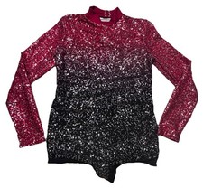 Weissman Sequin Performance Leotard Ombre Red Black Open Back Long Sleeve XLC