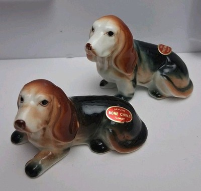 VTG Hound DOG Bone China  Figurines  Family of 2 Japan Miniature Porcelain 2''