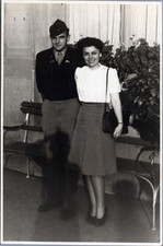 1940s WW2 Photo of Soldier and Woman Posing by Bench with Potted Plant