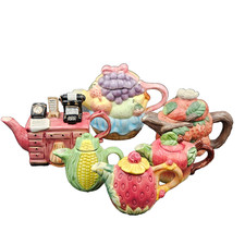 Lot 6 Collectible Miniature Novelty Teapots Fruit Desk Office 1990s WBI Style