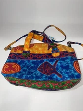 Vintage Sun N Sand Canvas Beach Hobo Bag Painted Fish Turtle Boho Hippie Purse