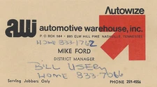 Vintage 1970's AUTOWIZE AUTOMOTIVE WAREHOUSE BUSINESS CARD NASHVILLE TN S4