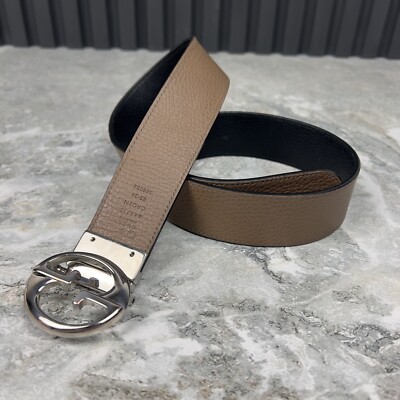 Gucci Interlocking GG Black Leather Reversible Belt Silver