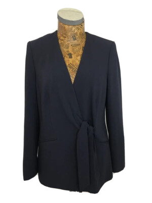 MARKS AND SPENCER BLAZER 10 Drape Asymmetrical Tie Front Mid Long Navy  Chiffon UK