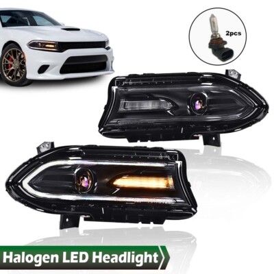 Pair Projector Headlights For Dodge Charger 2015-2022 - LED DRL Halogen Lamps Black Housing