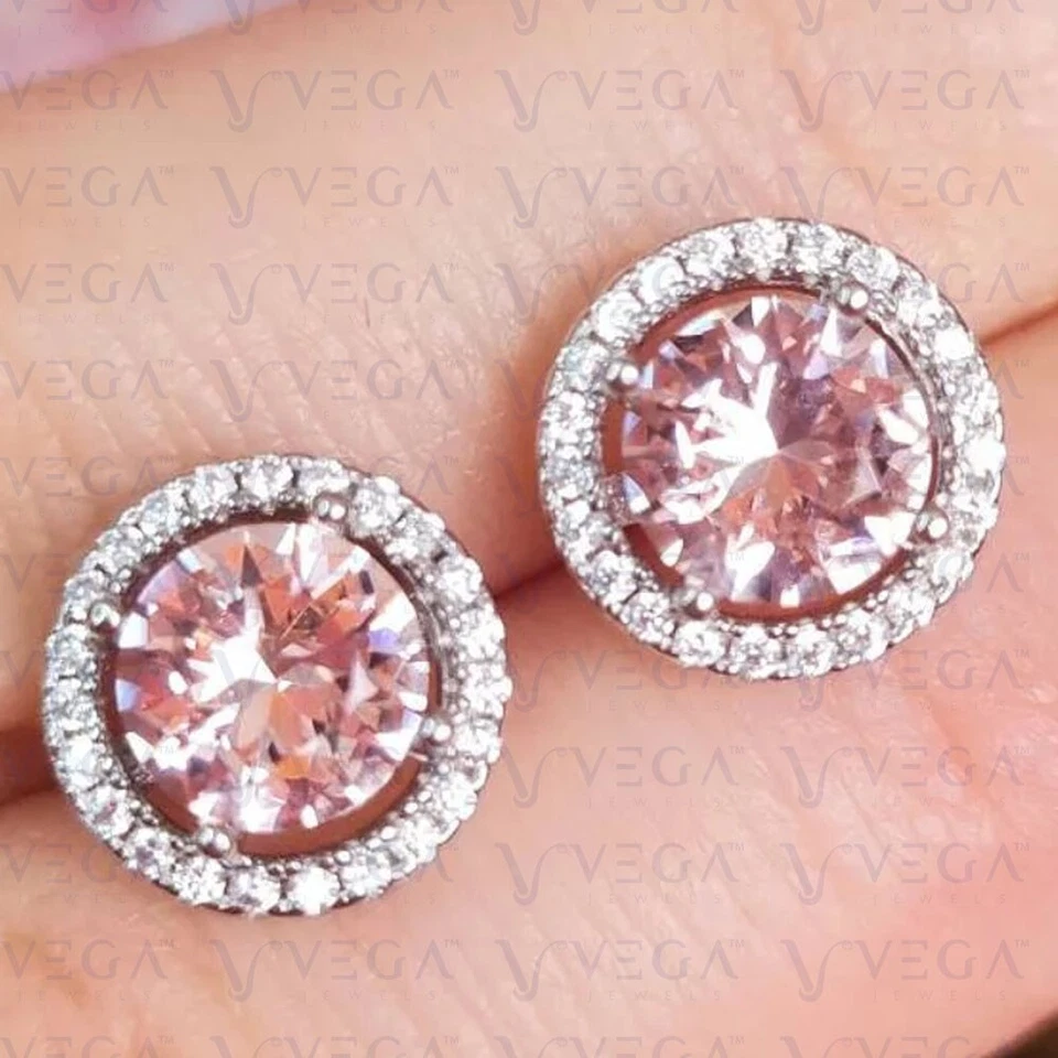 Pendiente de morganita natural y diamantes de forma redonda de 4,68 quilates de oro blanco macizo de 14 quilates Foto 2 de 4