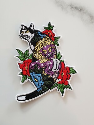 White and black exotic beautiful cat with red blue floral rose iron patch 7 ''