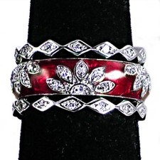 3-RING 03 CHERRY RED ENAMEL FLORAL CZ BAND RINGS SZ-10 925 Sterling Silver