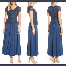 NWT 218 Pisarro Nights 14 Beaded V-Neck Mock Gown in Blue F856