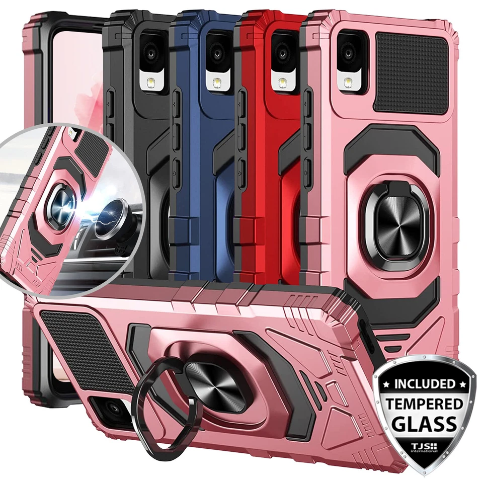 TJS For TCL 30Z / 30 LE Phone Case Metal Ring Magnetic Support Stand +Tempered Glass