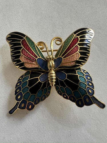 Vintage Cloisonné Butterfly Brooch Pin - Gold Metal Colorful