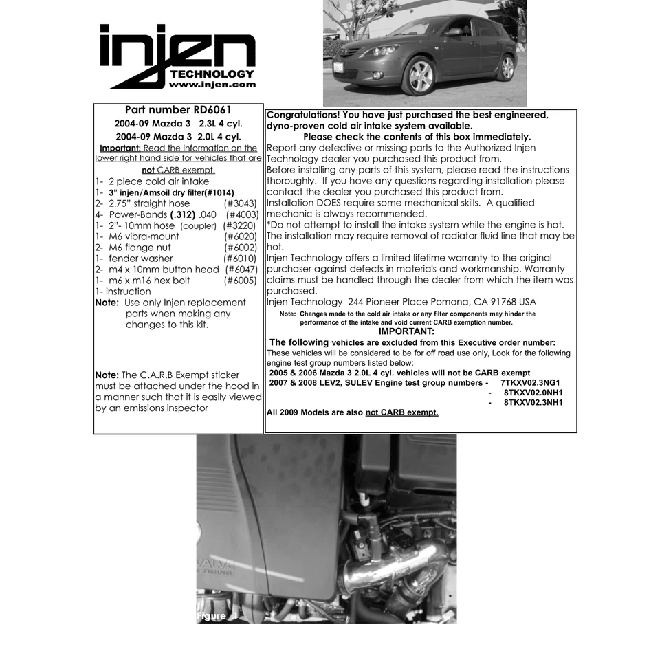 Entrada de aire frío de aluminio negro Injen RD6061BLK para 04-09 Mazda Mazda 3 2,0 L 2,3 L Foto 4 de 4