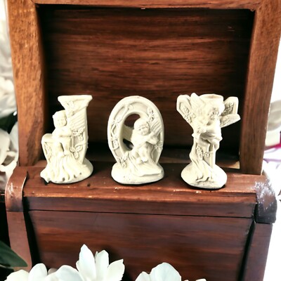 Christmas JOY Candle Holder Trio, Ceramic Bisque Cherub Angels. In Original Box