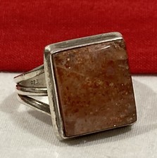 Vintage Southwestern 925 Sterling Silver Rectangle Peach Agate Ring SIZE 7.75