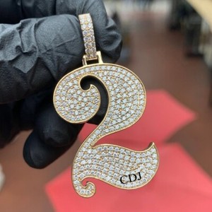 Authentic D/VVS Moissanite Men's Custom Lucky Number Pendant 14k Yellow Gold Plated Silver