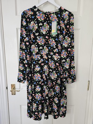 Boden Midikleid Blumen Größe 14 lang schwarz Blumenmuster Langarm neu mit Etikett 