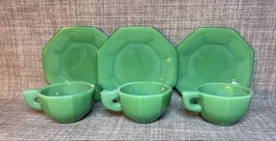 6 pc. Akro Agate Jadeite Green Glass Tea Set, Miniature Childs Tea Cup and Plate
