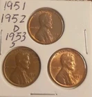 3 Coin Lincoln Wheat PDS Cent Uncirculated Set 1951 P 1952 D  & 1953 S