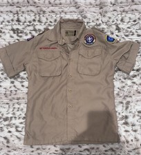 Boy Scouts Of America Shirt Youth Large Vented Patches Short Sleeve Tan Khaki