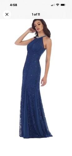 Eureka Sz 3XL Blue Chiffon Maxi Prom Dress Pearl Sequin Lace Long Halter Mermaid
